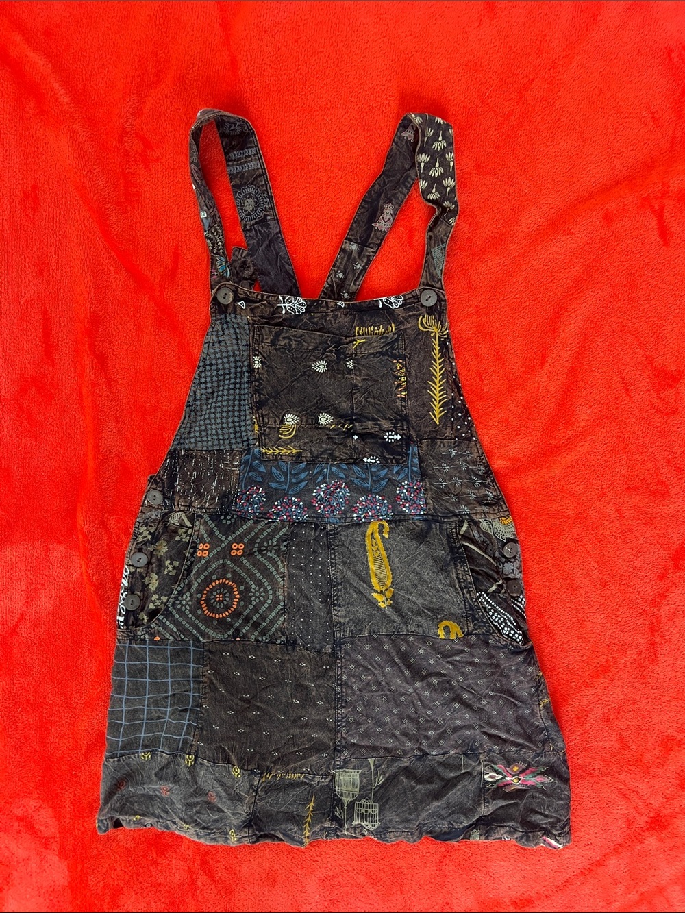 Blue Sky Patchwork Black Overalls Dress with Subtle Multicolor Accents